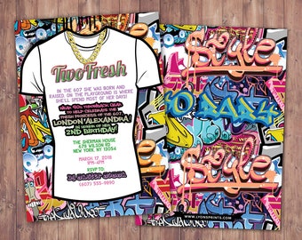 May include: A colorful birthday invitation with a graffiti-style background. The invitation features a white t-shirt with a gold chain necklace and the text "Two Fresh" in pink and purple letters. The text also includes the birthday girl's name, age, and party details.