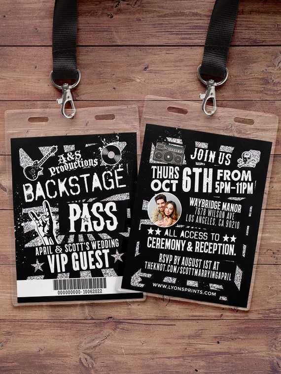 Rock Star VIP Pass Wedding Invitation, Backstage Lanyard (digital