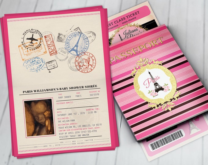 PASSPORT and TICKET baby shower invitation, Baby girl- wedding shower invitation- Paris, Eiffel tower, first birthday,Digital files only