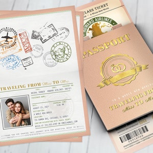 Passport and ticket bridal shower invitation, birthday party invitation, retirement party, going away party, wedding, Digital files only