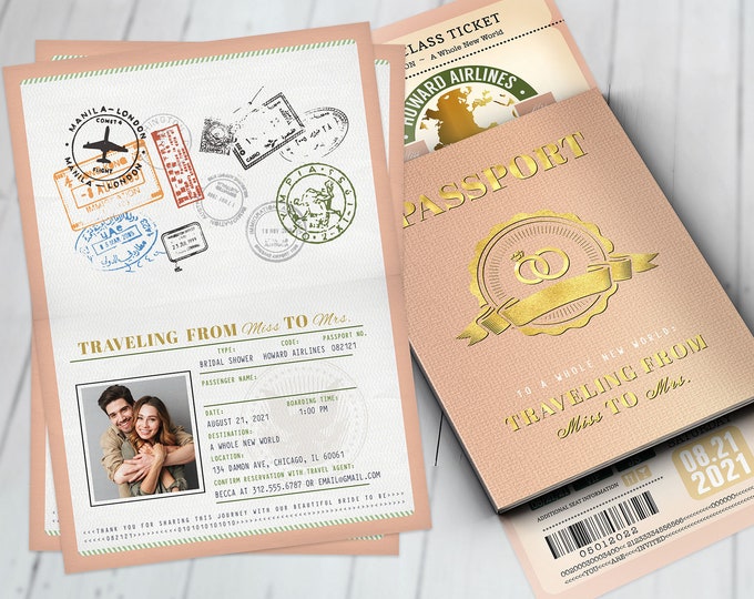 Passport and ticket bridal shower invitation, birthday party invitation, retirement party, going away party, wedding, Digital files only