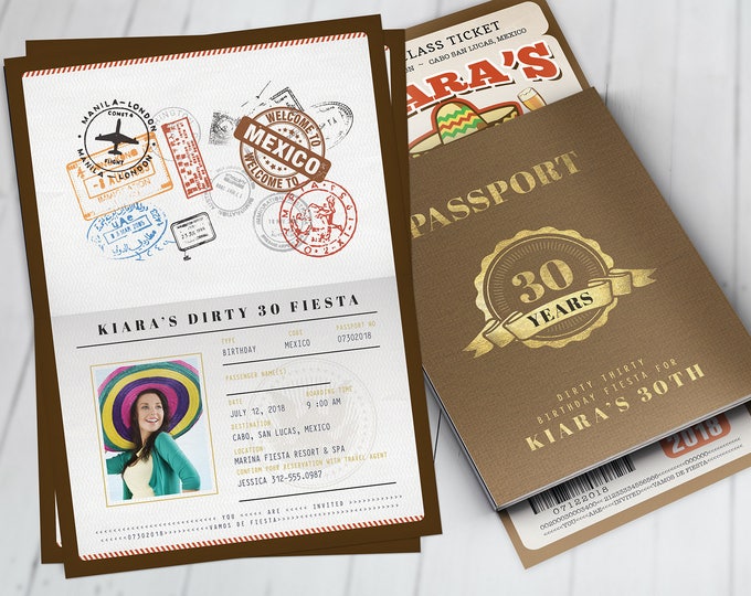 Passport and ticket birthday invitation, travel birthday party invitation, cruise invitation, Mexico, Digital files only