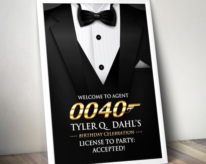 Tuxedo birthday party welcome sign, secret agent, detective party, suit birthday invite, black tie, Aged to perfection invite, 007