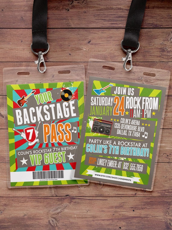 Punk Rock, VIP PASS, backstage pass, Vip invitation, birthday invitation, pop star, rock star birthday, roller-skate party VIP, 80's Il_570xn