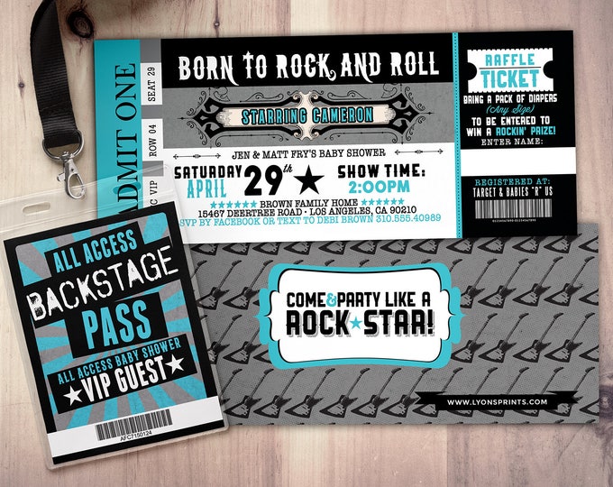 ROCK STAR concert ticket baby shower invitation-Coed baby shower invitation- Rock baby shower invitation- couples baby shower - music