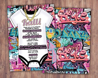 May include: A baby shower invitation with a graffiti background. The invitation features a white onesie with a gold chain necklace and the text "Kalli" in pink. The text "Please join us to celebrate Danielle & Paul's... Baby Shower" is also included. The invitation is decorated with colorful graffiti-style designs.