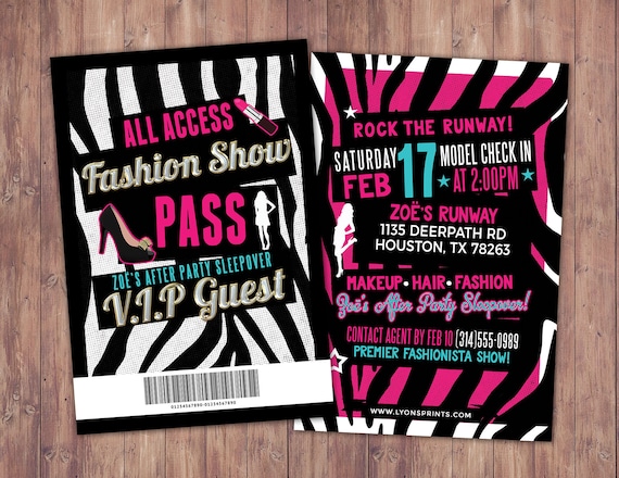 Rock the Runway, ticket birthday party invitation- popstar invitation- rockstar party, fashion birthday, zebra print, high fashion, runway Il_570xn