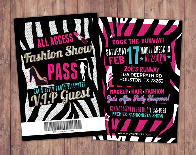 Rock the Runway, ticket birthday party invitation- popstar invitation-  rockstar party, fashion birthday, zebra print, high fashion, runway