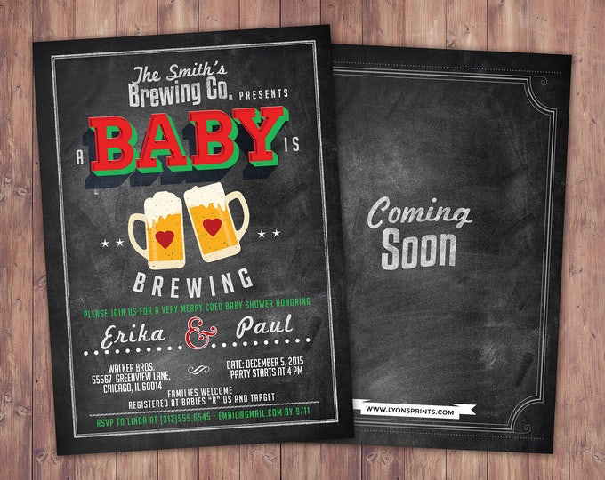 Baby is brewing, Coed baby shower invitation- Beer baby shower invitation- couples baby shower - holiday shower, Christmas, holiday baby