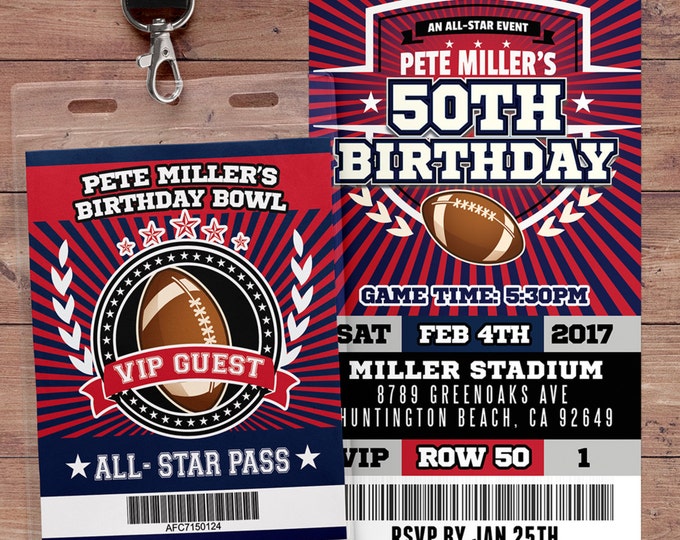 Football ticket Invitation // All Star Birthday //  VIP pass,, Super Bowl Party, sports birthday, ticket invite, Bar Mitzvah, football