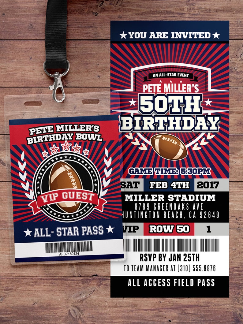 Football ticket Invitation // All Star Birthday // VIP pass,, sports birthday, ticket invite, Bar Mitzvah, football image 2