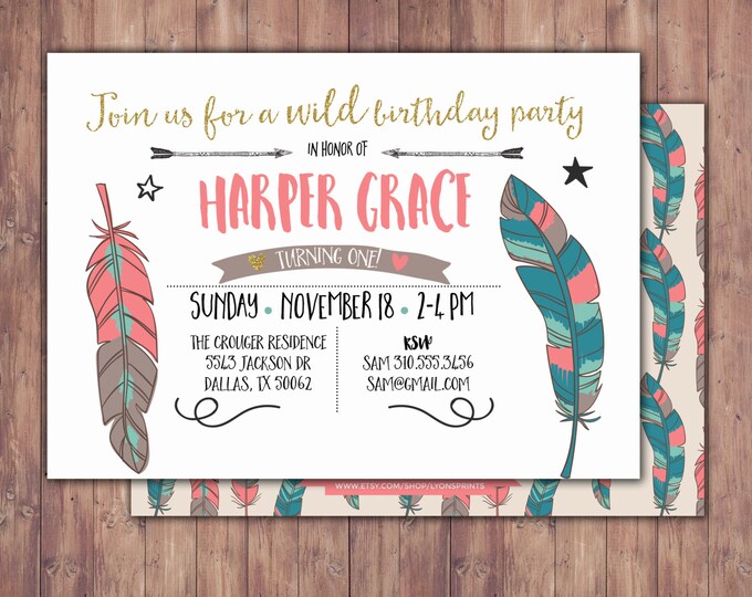 Tribal, birthday Invitation, BOHO birthday Invite, feathers , invitation, arrows, pow wow, baby girl, baby boy, first birthday, 1st, wild