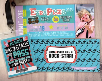 Peut inclure: Un billet bleu et rose avec une photo d'une fille jouant de la guitare. Le billet indique "Ezra Pi8za 2023" et "Ezra's 3rd Birthday Bash". Le billet indique également la date et l'heure de l'événement. Un laissez-passer backstage bleu et rouge avec un microphone et une étoile. Le laissez-passer indique "All Access Backstage Pass" et "Ezra's 3rd Birthday Bash VIP Guest".