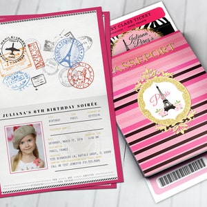 REISEPASS und TICKET Geburtstagseinladung! Mädchen-Geburtstags-Party-Reise-Geburtstags-Party-Einladung- Paris, Eiffelturm, nur digitale Dateien