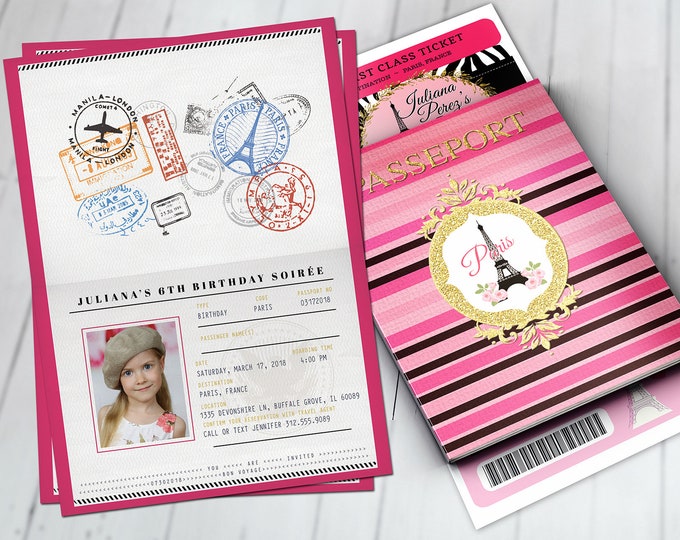 PASSPORT and TICKET birthday invitation! Girl's birthday party- travel birthday party invitation- Paris, Eiffel tower, Digital files only