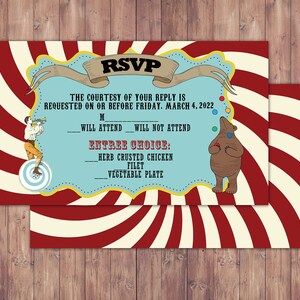 Cyrk, wkładka RSVP, karnawał, urodziny cyrkowe, ślub cyrkowy, cyrkowy baby shower, wkładka, karta RSVP, do wydrukowania