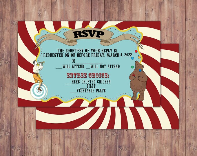 Circus, RSVP insert card, carnival, circus birthday, circus wedding, circus baby shower, insert card, RSVP card, printable