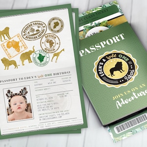 May include: Green passport-style invitation with gold accents for a child's first birthday party. The invitation features a photo of a baby wearing a headband with animal ears and a passport-style design with the text "Passport to Eden's Wild One Birthday".