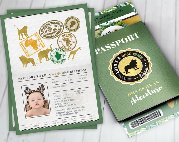 Passport invitation, Jungle Invitation, Jungle invite, Safari invitation, Safari Invite, Watercolors, Wild One, Elephant, Lion,