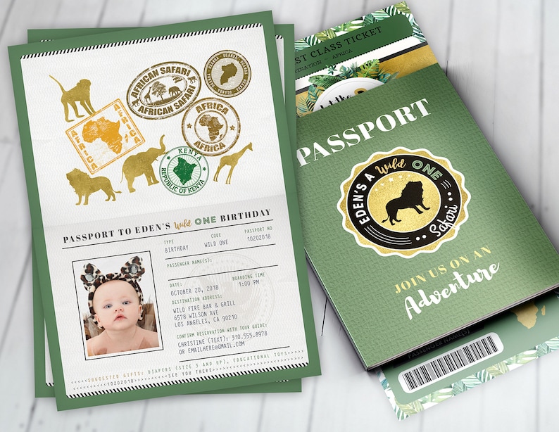 May include: Green passport-style invitation with gold accents for a child's first birthday party. The invitation features a photo of a baby wearing a headband with animal ears and a passport-style design with the text "Passport to Eden's Wild One Birthday".