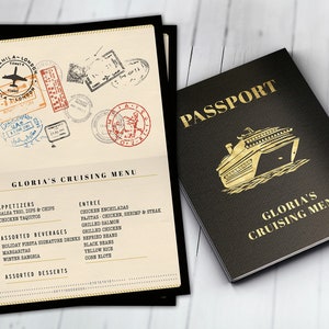 Cardápio, Itinerário, passaporte, tema de viagem, festa de viagem, formatura, chá de bebê, aniversário, casamento, cruzeiro, somente arquivos digitais