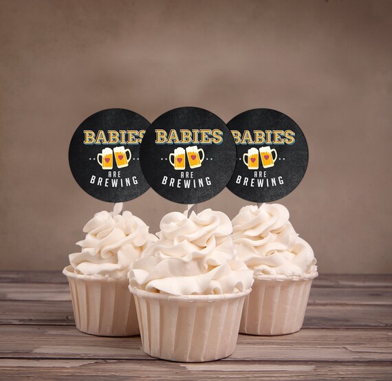 Baby is brewing, cupcake toppers, Coed baby shower, Beer baby shower, couples baby shower BBQ, retro, beer tasting, printable files Il_570xn