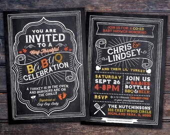 May include: Two chalkboard-style baby shower invitations. The left invitation reads "You are invited to a Baby Celebration." The right invitation says "Join us for a co-ed baby shower honoring Chris & Lindsey."