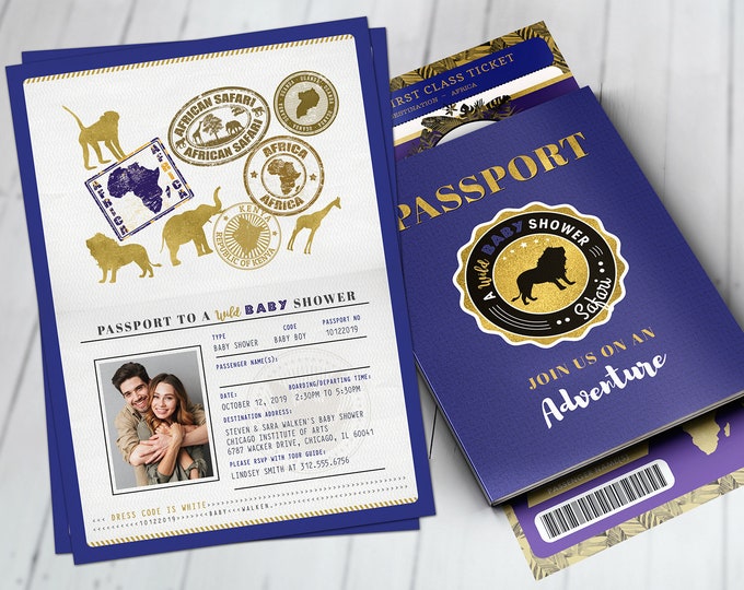 Passport invitation, Jungle Invitation, Jungle invite, Safari invitation, Safari Invite, Baby shower, Wild One, Elephant, Lion,