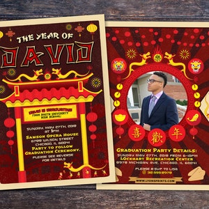 May include: A red and gold graduation invitation with a photograph of a young man in a suit. The invitation features Chinese characters and a dragon design. The text on the invitation reads "The Year of David" and "Graduation Party Details: Sunday May 27th, 2019 from 6-10pm Lockhart Recreation Centre 8970 Michigan Ave, Chicago, IL 60614 Please RSVP to Lisa @ 333.555.0978 www.lyonsprints.com"
