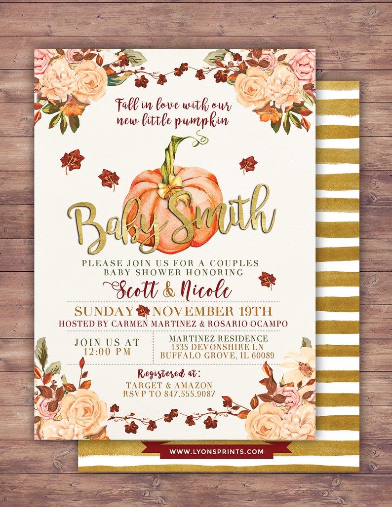 Little Pumpkin Baby Shower Invitation, baby shower invite, pumpkin baby shower invite, fall baby shower, BOHO, watercolor image 1