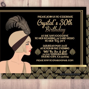 Great Gatsby birthday invitation, Roaring 20's, Hollywood film theme party invite. Black and gold glam printable digital invite, glam,