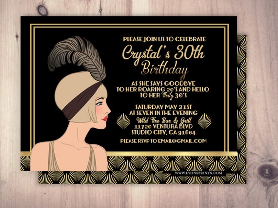 Great Gatsby birthday invitation, Roaring 20's, Hollywood film theme party invite. Black and gold glam printable digital invite, glam, Il_570xn