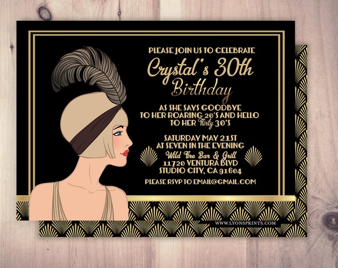 Great Gatsby birthday invitation, Roaring 20's, Hollywood film theme party invite. Black and gold glam printable digital invite, glam,