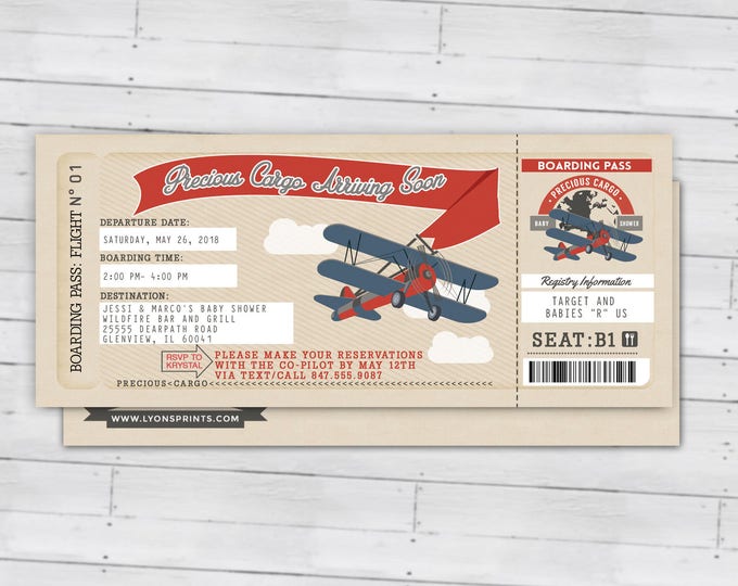 Precious Cargo Invitation, Baby Shower Invitation , ticket invitation, passport invitation, vintage airplane invitation, boy baby shower