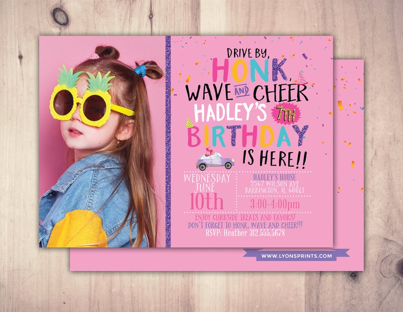 Drive by birthday parade invitation, social distancing drive-by birthday party invite, car birthday parade, quarantine party, digital file PINK PHOTO