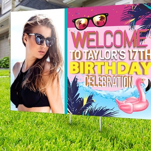 Pool party lawn sign, Digital file only, yard sign, social distancing drive-by birthday party, car birthday parade quarantine party, summer PINK-PHOTO