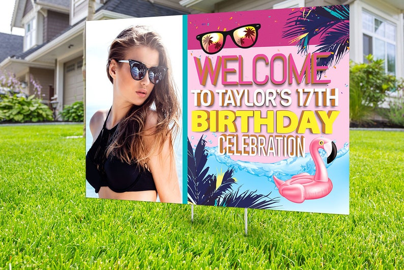 Pool party lawn sign, Digital file only, yard sign, social distancing drive-by birthday party, car birthday parade quarantine party, summer PINK-PHOTO