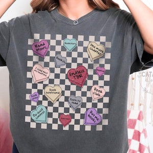 Candy hearts Cute Book Lover tshirt, Retro Bookish valentine's day shirt, Librarian Gift, Book Club t-shirt, Late night reader, Literary