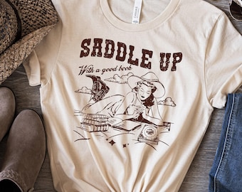 Bookish Cowgirl Shirt, saddle up with a good book, Retro Western Book Lover Shirt, Country Bookish Tee, Bookish Gift For Her, Country Girl