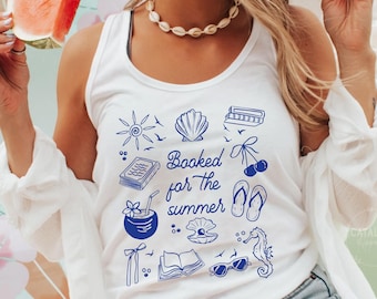 Summer Reading tank top, Racer back Summer Beach Tee, Booked For Summer tank Beach Book Lover Summer Bookish, Beach Doodles reading Shirt