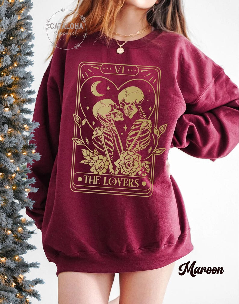 The Lovers sweatshirt ,Tarot Card Shirt, Skeleton Lovers Tarot Card Tee, Mystical Tarot card shirt, Tarot card Valentines day shirt image 4