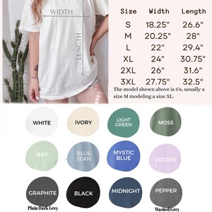 The image is a collage of various color swatches and sizes of t-shirts, along with a model size chart. The chart provides the widths and sizes of different t-shirt styles, including white, white and ivory, light green, light green and blue, light blue, blue jeans, blue jeans, orchid, blue jeans, and more. The chart also includes the model sizes for each color and style, such as S, M, L, XL, 2XL, 3XL, and XXL.
