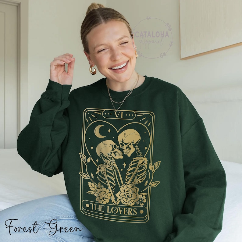 The Lovers sweatshirt ,Tarot Card Shirt, Skeleton Lovers Tarot Card Tee, Mystical Tarot card shirt, Tarot card Valentines day shirt image 11