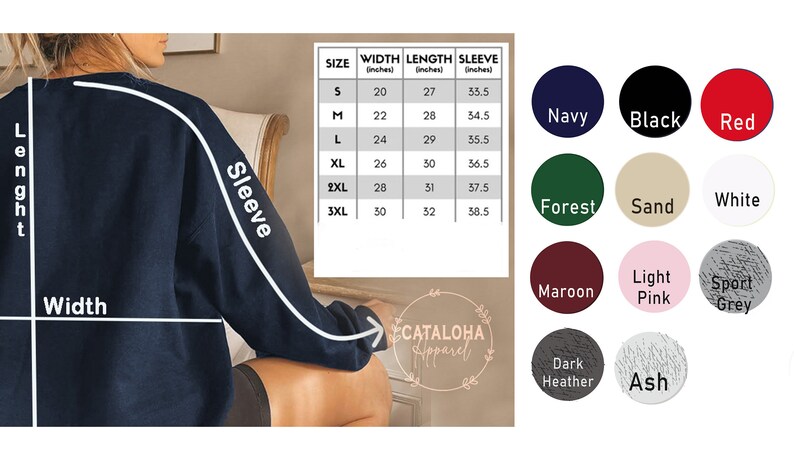 K&ouml;nnte beinhalten: Gr&ouml;&szlig;entabelle f&uuml;r einen Pullover mit Ma&szlig;en in Zoll. Die Tabelle zeigt Breite, L&auml;nge und &Auml;rmell&auml;nge f&uuml;r die Gr&ouml;&szlig;en S, M, L, XL, 2XL und 3XL. Die Tabelle befindet sich auf einem braunen Hintergrund mit wei&szlig;em Rand. Unter der Tabelle befinden sich Farbmuster f&uuml;r den Pullover in Marineblau, Schwarz, Rot, Waldgr&uuml;n, Sand, Wei&szlig;, Rotbraun, Hellrosa, Sportgrau, Dunkelgrau und Asche.