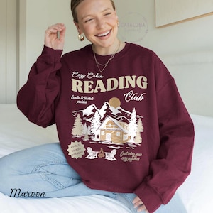 Book Club Sweatshirt, Cozy cabin book club, Late night reader Bookish sweater, One more chapter, Book Lover hoodie, Retro Reader sweatshirt image 8