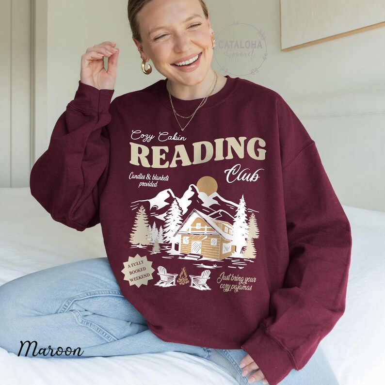 Book Club Sweatshirt, Cozy cabin book club, Late night reader Bookish sweater, One more chapter, Book Lover hoodie, Retro Reader sweatshirt image 8