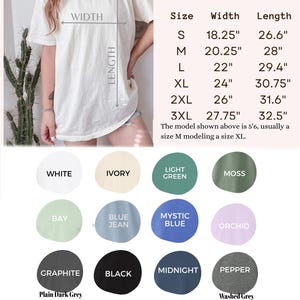 The image is a collage of various color swatches and sizes of t-shirts, along with a model size chart. The chart provides the widths and sizes of different t-shirt styles, including white, white and ivory, light green, light green and blue, light blue, blue jeans, blue jeans, orchid, blue jeans, and more. The chart also includes the model sizes for each color and style, such as S, M, L, XL, 2XL, 3XL, and XXL.