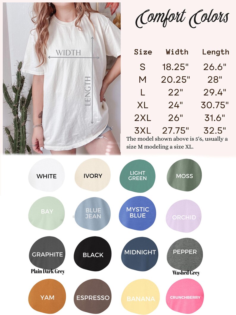 The image is a collage of various color swatches and sizes of t-shirts, along with a model size chart. The chart provides the widths and sizes of different t-shirt styles, including white, white and ivory, light green, light green and blue, light blue, blue jeans, blue jeans, orchid, blue jeans, and more. The chart also includes the model sizes for each color and style, such as S, M, L, XL, 2XL, 3XL, and XXL.