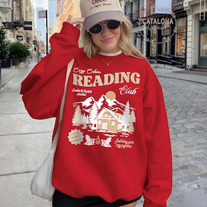 Book Club Sweatshirt, Cozy cabin book club, Late night reader Bookish sweater, One more chapter, Book Lover hoodie, Retro Reader sweatshirt image 11