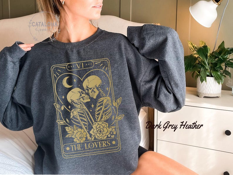 The Lovers sweatshirt ,Tarot Card Shirt, Skeleton Lovers Tarot Card Tee, Mystical Tarot card shirt, Tarot card Valentines day shirt image 5